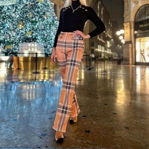 Women Dress Pants Small Brown Striped Print High Waist Leg Straigth Stretch Soft